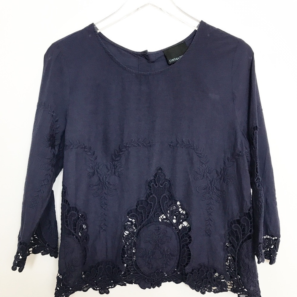 Cynthia Rowley navy cotton top cutouts embroidery